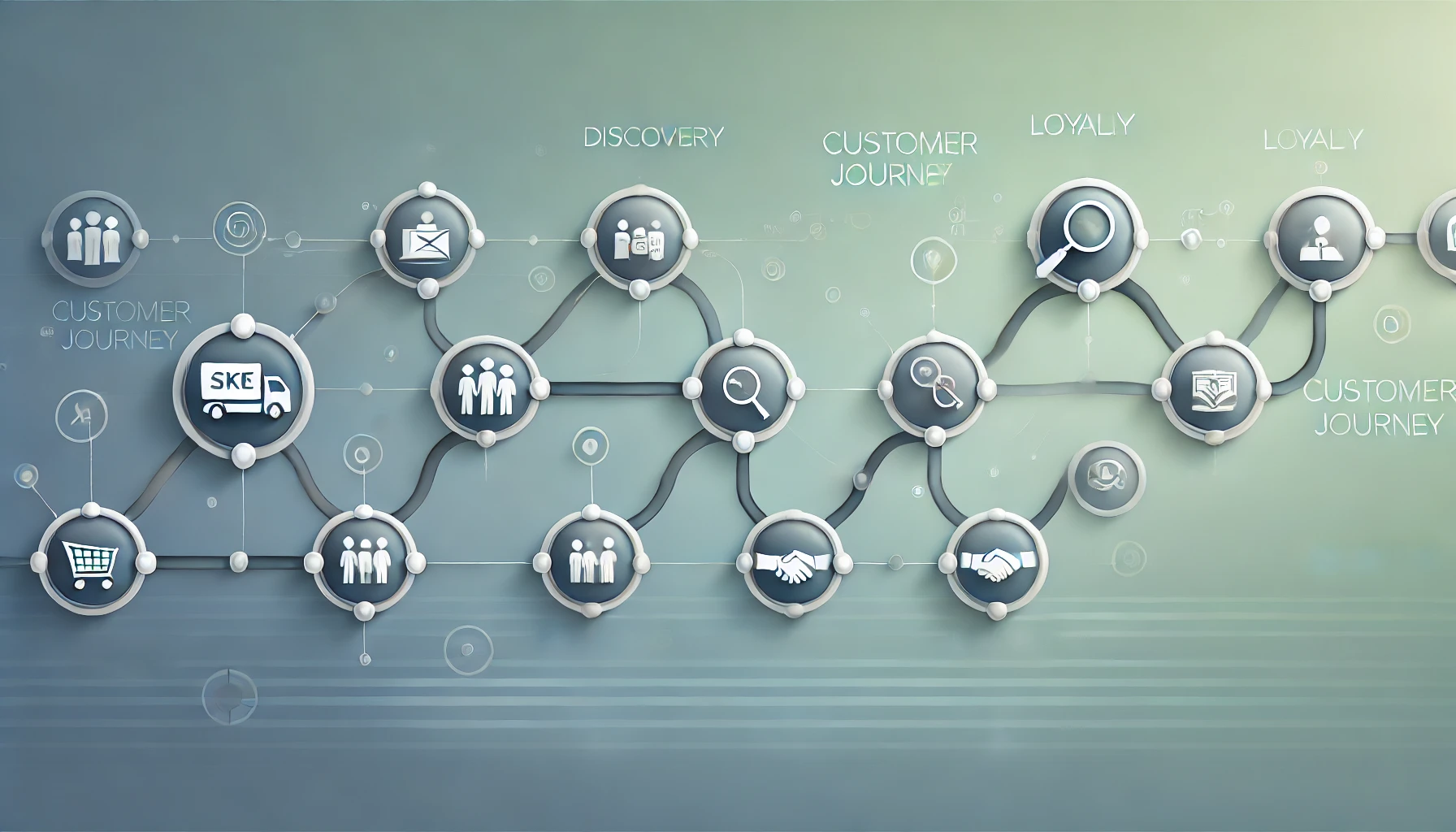 Ilustração abstrata e moderna representando a jornada do cliente no marketing, com ícones minimalistas sem texto que simbolizam diferentes etapas, como descoberta, compra e fidelização, em um fundo suave com gradientes em tons de azul, verde e cinza.