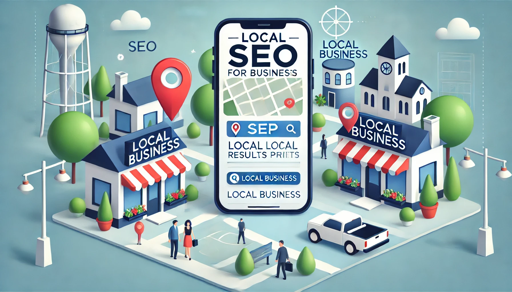 Ilustração representando SEO local para negócios, com um mapa exibindo marcadores de localização e um smartphone mostrando uma página de resultados de busca (SERP) destacando um negócio local. O ambiente retrata uma comunidade com pequenas empresas, lojas locais e pessoas caminhando, enfatizando o conceito de visibilidade local através de SEO.