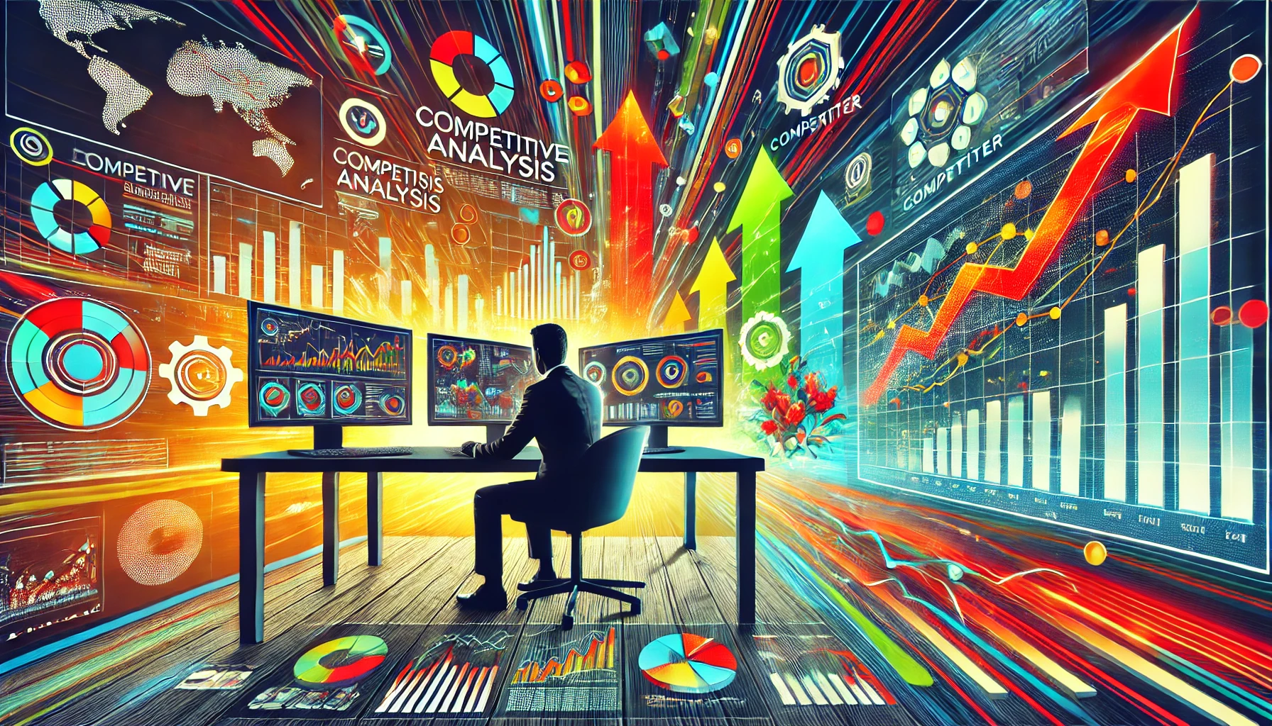 Profissional de negócios analisando dados em telas de computador com cores vibrantes, incluindo gráficos e tendências de mercado com setas vermelhas e verdes, representando uma análise competitiva moderna e visualmente impactante.