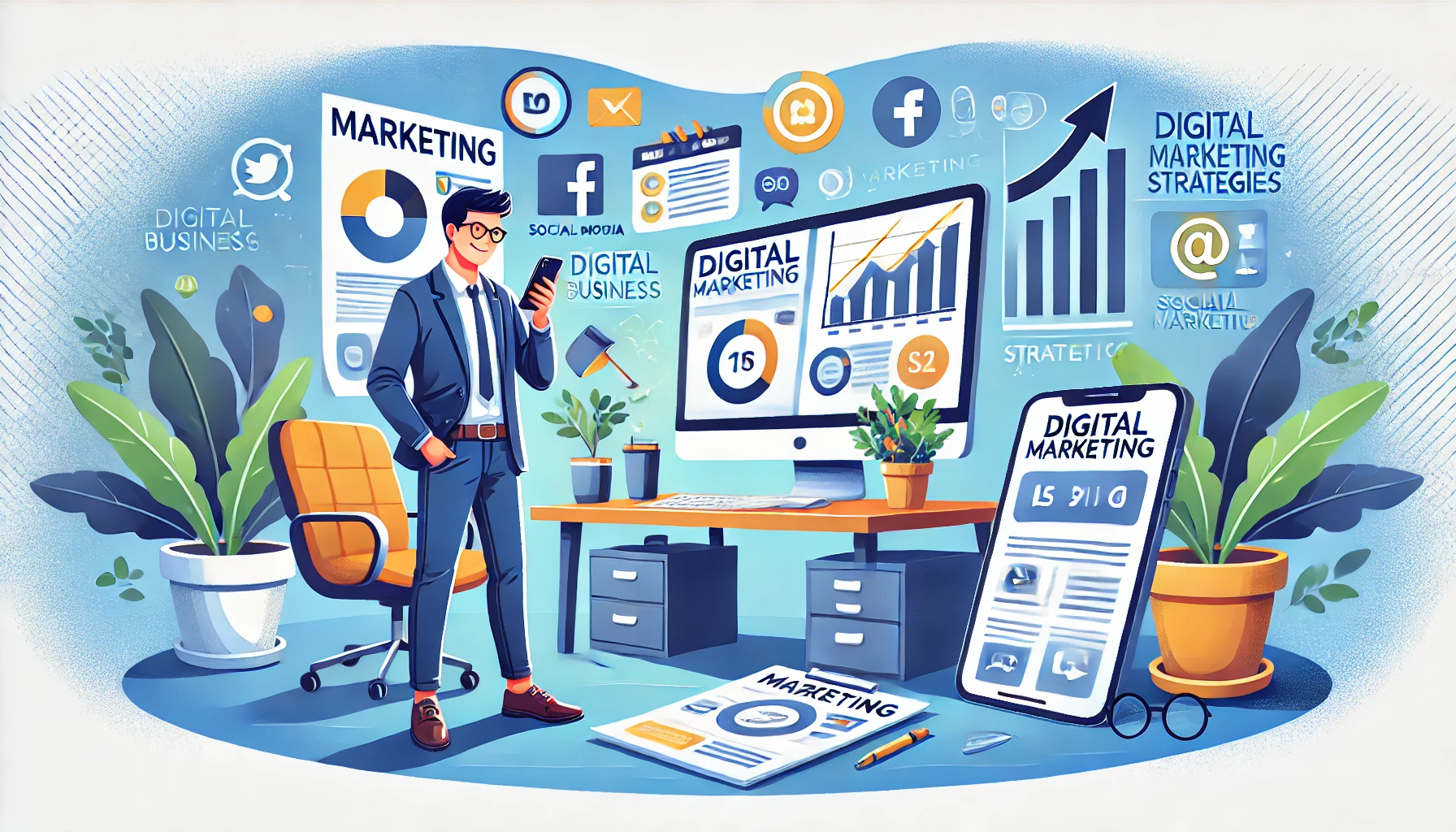 Ilustração de um proprietário de pequena empresa envolvido em atividades de marketing em um escritório moderno e acolhedor. Na cena, um computador exibe gráficos e ícones de redes sociais, simbolizando estratégias de marketing digital. Sobre a mesa, há materiais de marketing, como folhetos, e um smartphone com um aplicativo de mídia social aberto. O fundo sugere crescimento e sucesso, com uma seta ascendente e uma planta florescendo, refletindo um ambiente positivo e encorajador