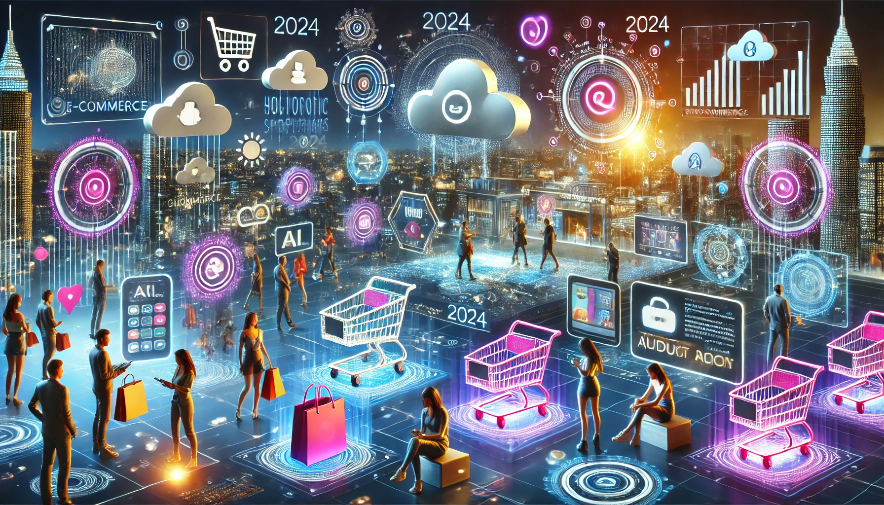 Tendências de E-commerce para 2024: Prepare-se para o futuro do comércio eletrônico - Uma paisagem digital futurista mostrando elementos de e-commerce para o ano de 2024, incluindo displays holográficos de carrinhos de compras, listagens de produtos e ícones de pagamento digital flutuando no ar, com representações estilizadas de algoritmos de IA, dispositivos móveis e pessoas interagindo com interfaces de realidade aumentada.