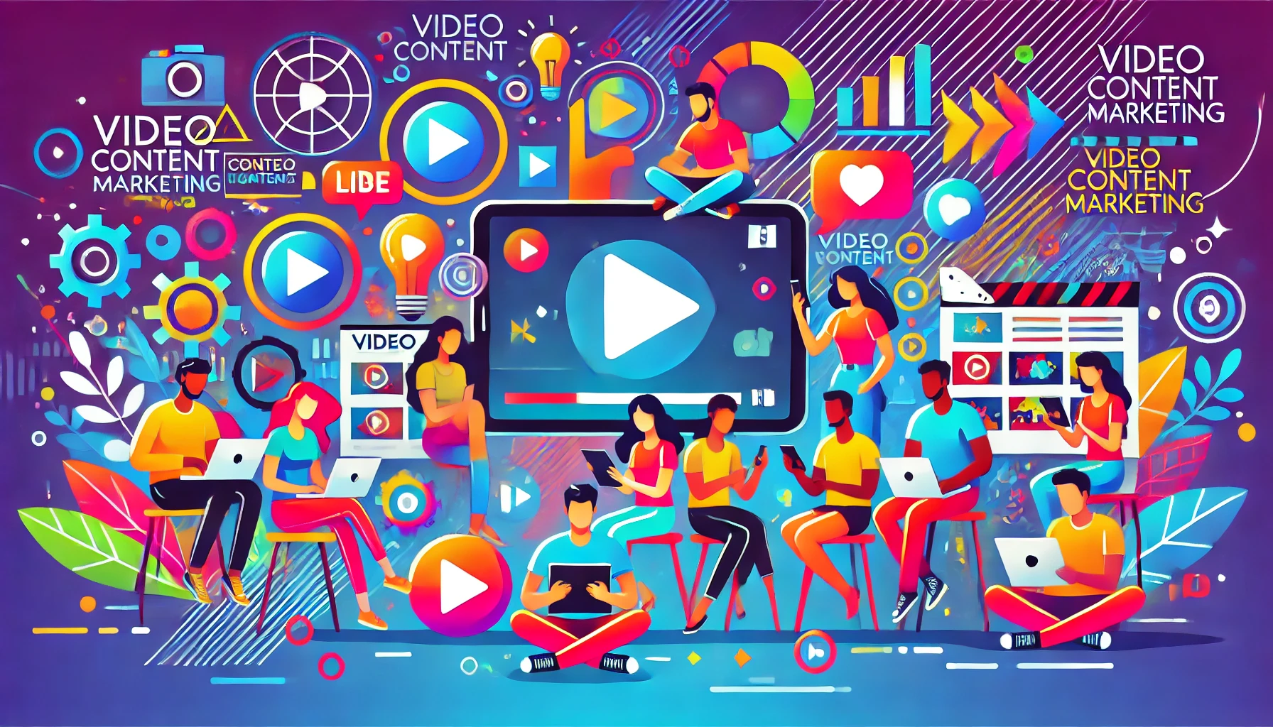 Ilustração moderna e colorida representando marketing de conteúdo em vídeo, com um grupo diversificado de pessoas usando dispositivos digitais como smartphones, tablets e laptops, criando e assistindo a vídeos, rodeados por elementos digitais vibrantes como ícones de mídia social e formas abstratas.