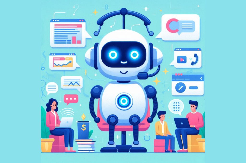 Ilustração de um chatbot interagindo com um cliente através de um dispositivo móvel, representando a melhoria da experiência do cliente e a redução de custos no atendimento