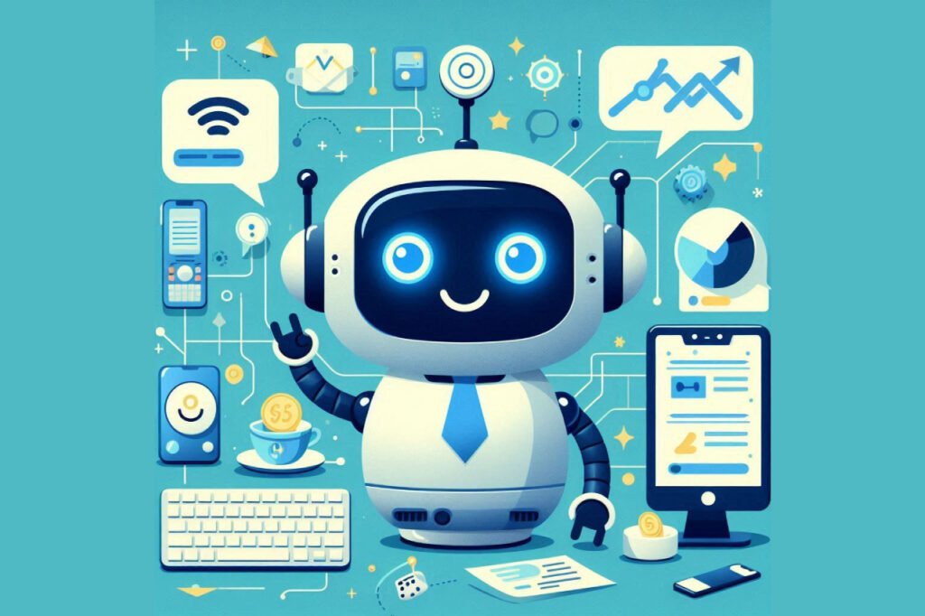 Ilustração de um chatbot interagindo com um cliente através de um dispositivo móvel, representando a melhoria da experiência do cliente e a redução de custos no atendimento