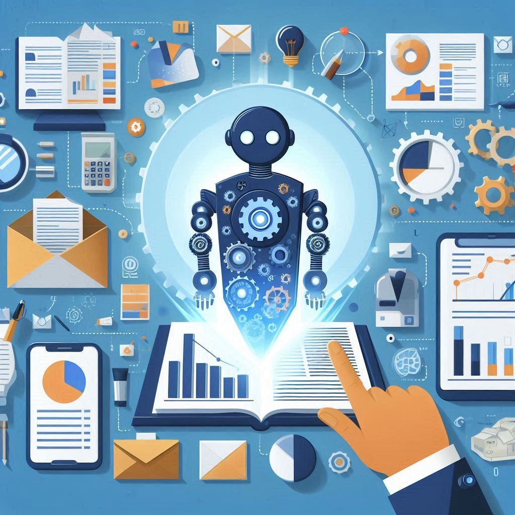 Ilustração do conceito de automação de marketing para empresas, mostrando um ambiente de escritório moderno com elementos digitais como redes interconectadas, gráficos de dados e fluxos de trabalho automatizados. A imagem destaca a conectividade, eficiência e tecnologia, com textos em português destacando "automação de marketing". Ideal para ilustrar artigos sobre o tema em um contexto profissional