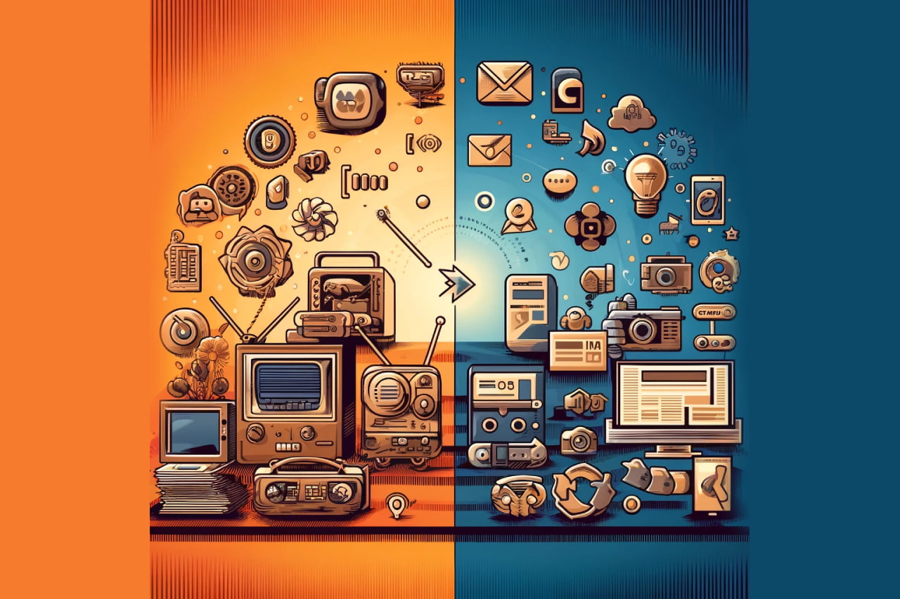 Ilustração mostrando a evolução do marketing do tradicional ao digital, com ícones representando diferentes mídias.