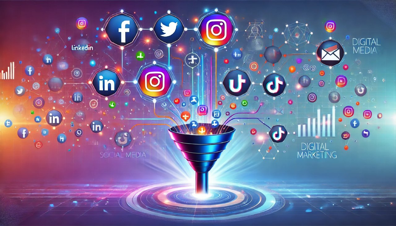 Ilustração representando o papel das redes sociais no marketing digital, com ícones de plataformas como Facebook, Instagram, Twitter, LinkedIn e TikTok conectados por linhas vibrantes em um fundo gradiente de azul e roxo, destacando a importância da conversão e engajamento através de um funil de marketing centralizado