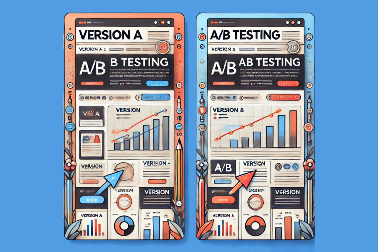 Imagem comparativa que ilustra o teste A/B em campanhas de marketing digital, mostrando dois layouts de site rotulados como 'Versão A' e 'Versão B', com diferenças nos botões de CTA, títulos e posicionamento de imagens. Setas e um gráfico dinâmico indicam melhorias de desempenho, em um fundo vibrante e moderno com ícones de marketing digital, como um gráfico de barras e um cursor de mouse