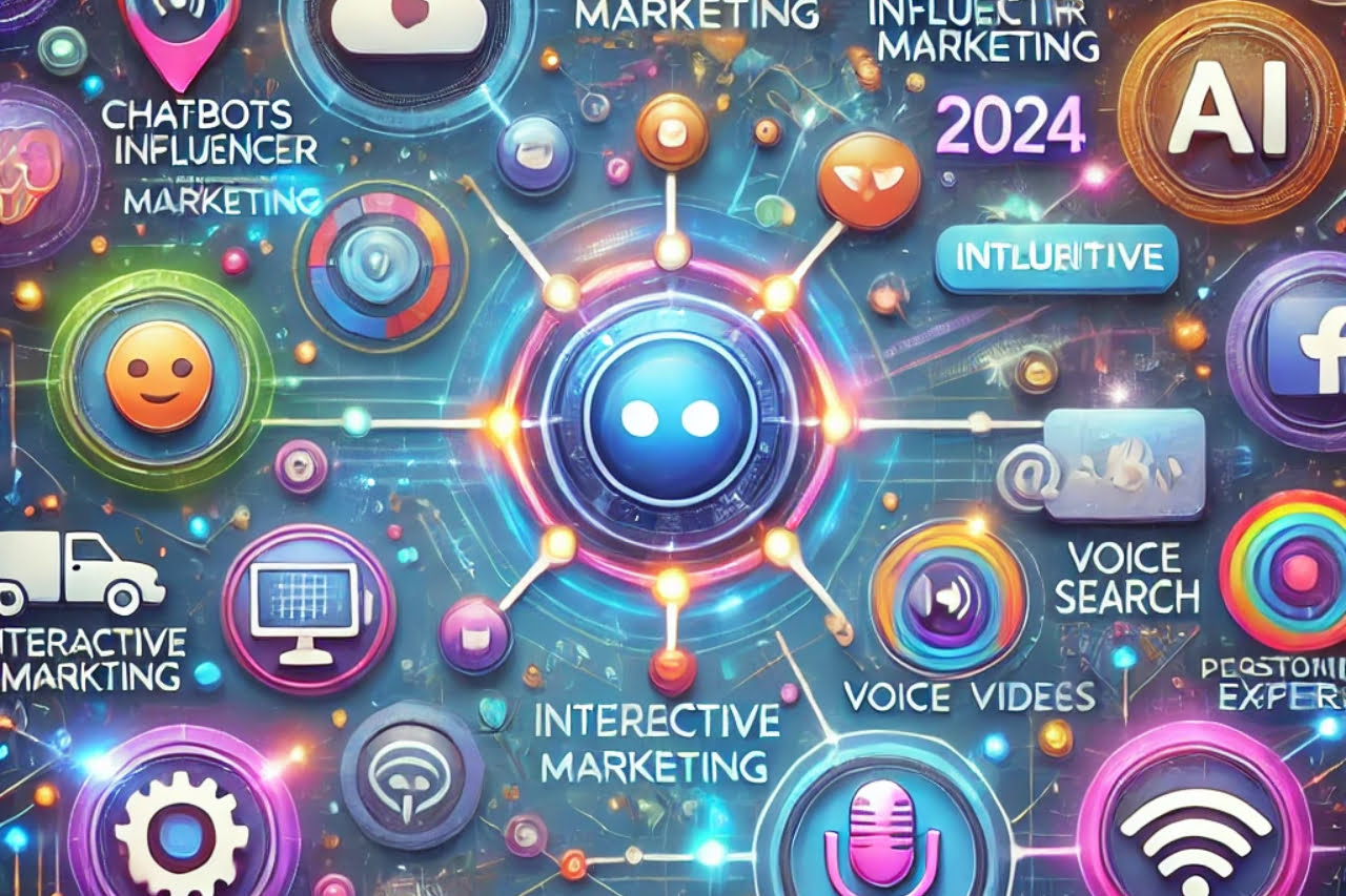 Uma ilustração vibrante de marketing digital para 2024 mostrando vários elementos como IA, marketing de influência, conteúdo interativo, pesquisa por voz e persona