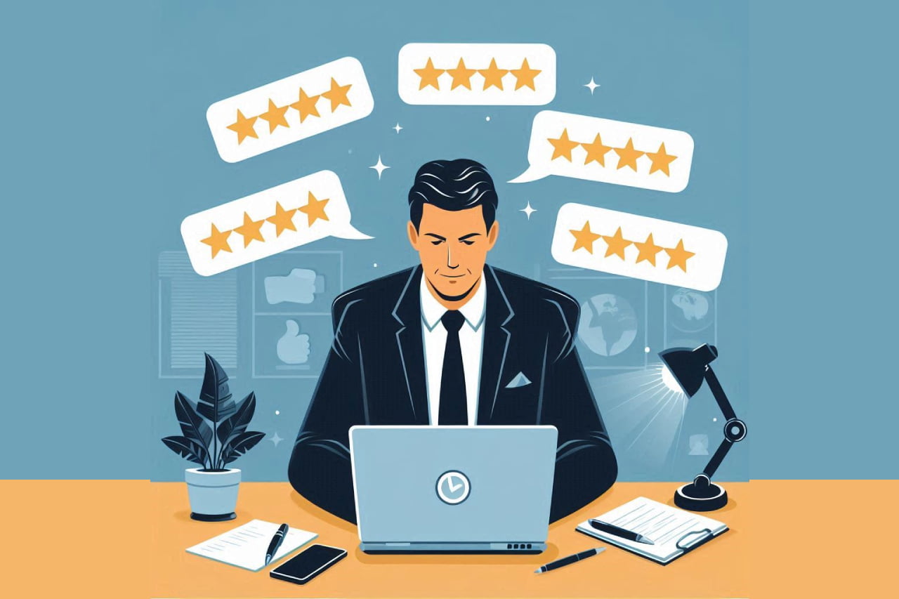 Ilustração de um empresário analisando reviews online em um laptop, destacando a importância das avaliações para o sucesso do negócio.