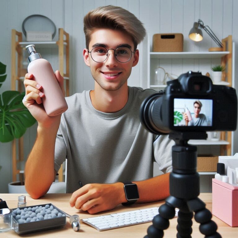 Uma tiktoker gravando um vídeo-review de produtos - TikTok para Marketing de Afiliados