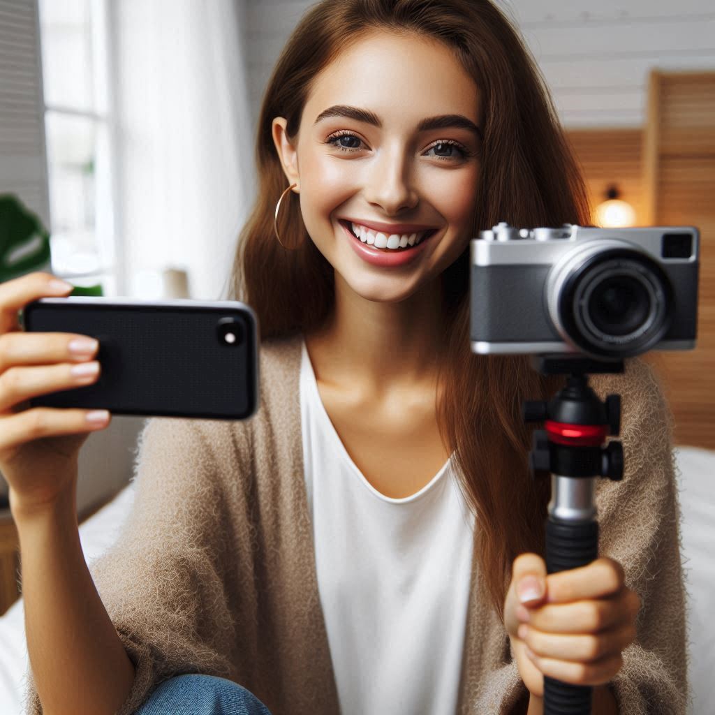 uma mulher jovem sorridente com um celular na mão gravando um vídeo-review de uma câmera fotográfica