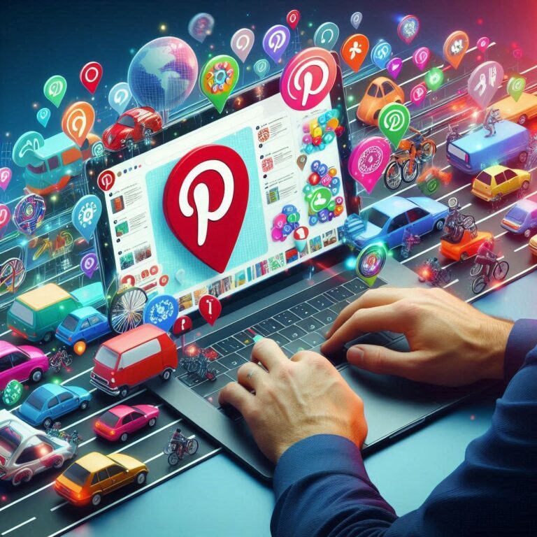 Ilustração mostrando como usar o Pinterest para aumentar o tráfego do seu site, com ícones de redes sociais, gráficos de crescimento e um computador com a página do Pinterest aberta