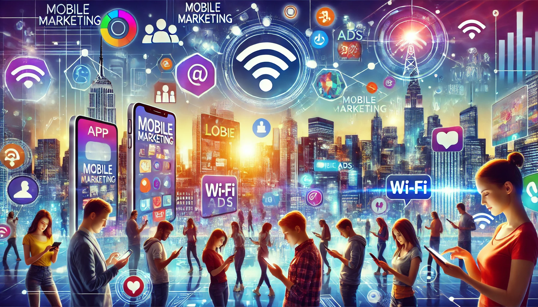 Uma cena de marketing digital moderno mostrando o uso de mobile marketing, com um grupo diverso de pessoas usando dispositivos móveis como smartphones e tablets. Eles interagem com elementos digitais como notificações de aplicativos, anúncios móveis e redes sociais, com um fundo de horizonte urbano e outdoors digitais. A imagem reflete a conectividade e o alcance do marketing móvel, com um ambiente vibrante e futurista