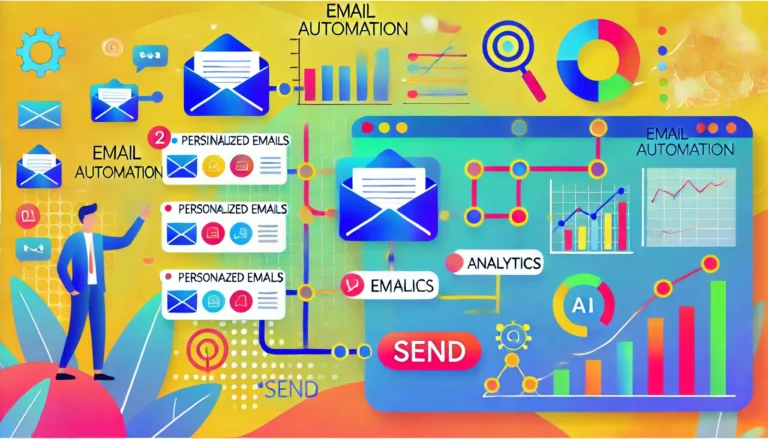 Uma ilustração vibrante e profissional mostrando um painel de automação de e-mail em ação. Ele apresenta fluxos de trabalho conectando e-mails personalizados, análises