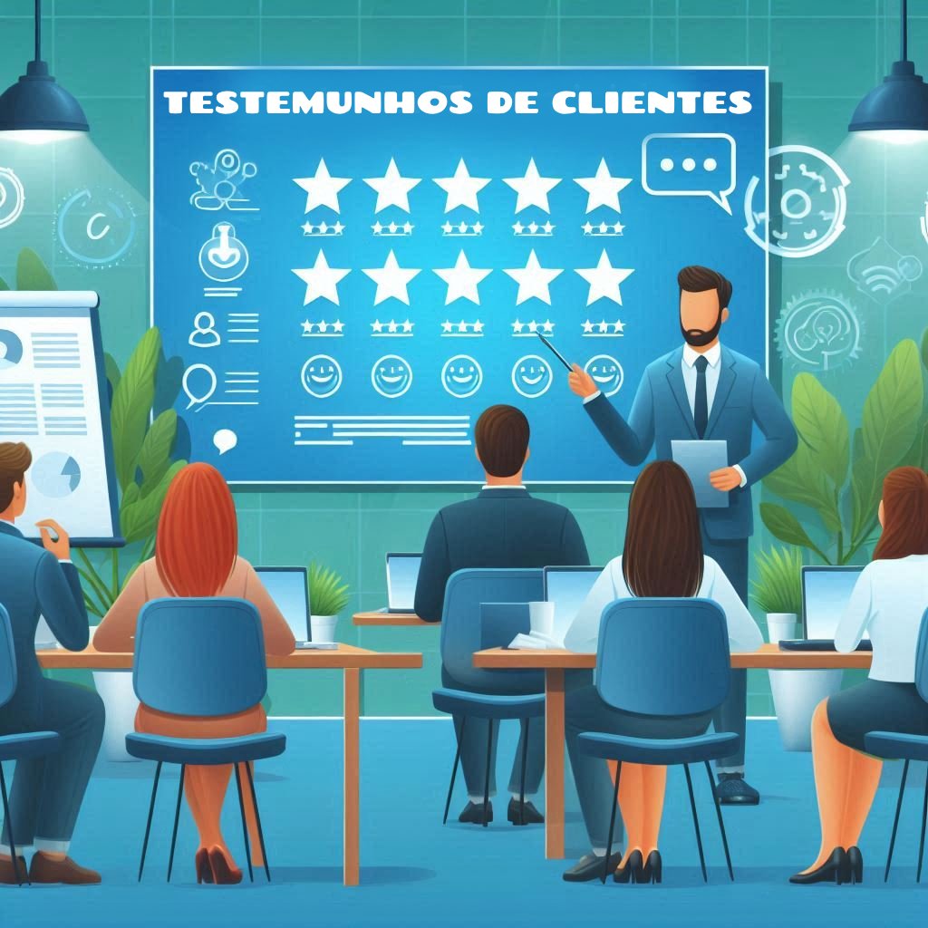 “Ilustração mostrando a importância dos testemunhos de clientes no marketing digital, com ícones de depoimentos, estrelas de avaliação e gráficos de crescimento.”