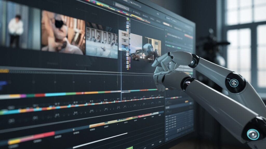 Uma tomada cinematográfica de uma tela de edição de vídeo com ferramentas de edição de vídeo geradas por IA. Há uma linha do tempo com clipes de vídeo, e a ferramenta de IA é mostrada como um braço robótico que está editando os clipes. O fundo é uma sala escura com uma janela.
