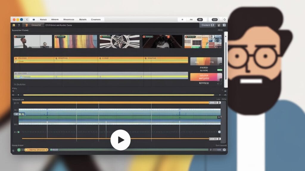 Uma ilustração digital de uma tela de computador exibindo uma interface de software de edição de vídeo. O software tem várias trilhas com clipes de vídeo, clipes de áudio e sobreposições de texto. Há um botão de reprodução na parte inferior. O fundo é uma imagem borrada de um homem com barba e óculos, que provavelmente é o criador da postagem do blog.